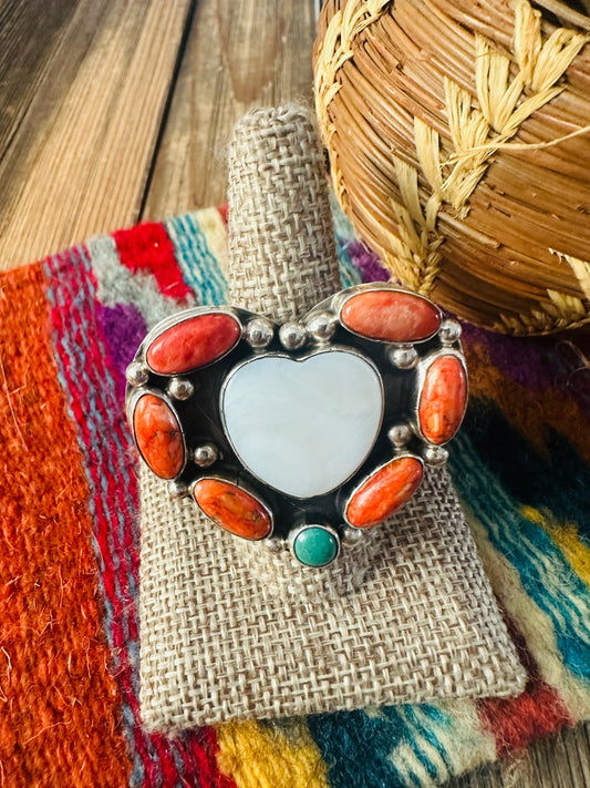 Handcrafted Multi Stone & Sterling Silver Adjustable Heart Ring by Jacqueline Silver