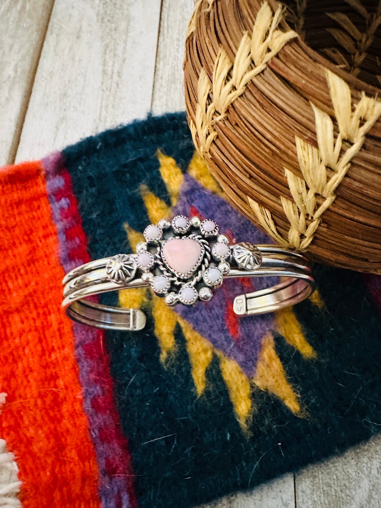 Handcrafted Queen Pink Conch Shell & Sterling Silver Heart Cuff Bracelet