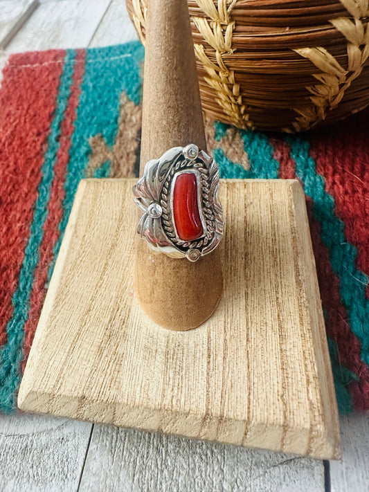Handcrafted Coral & Sterling Silver Ring Size 6