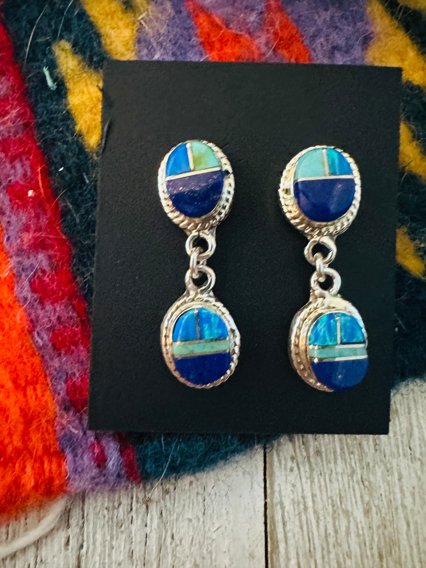 Handcrafted Sterling Silver & Multi Stone Inlay Dangle Earrings