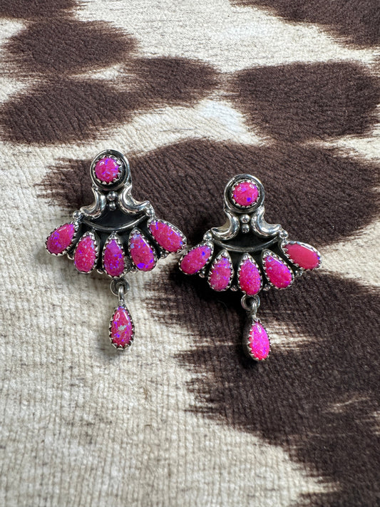 Handmade Hot Pink Fire Opal and Sterling Silver Post Earrings