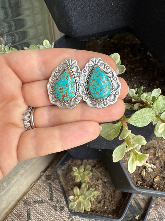 Handmade v Number 8 Turquoise and Sterling Silver Post Earrings