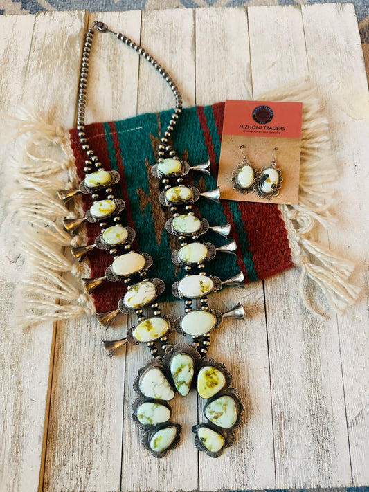 Handcrafted Palomino Variscite Turquoise & Sterling Silver Squash Blossom Necklace Set by Kee Yazzie Jr.