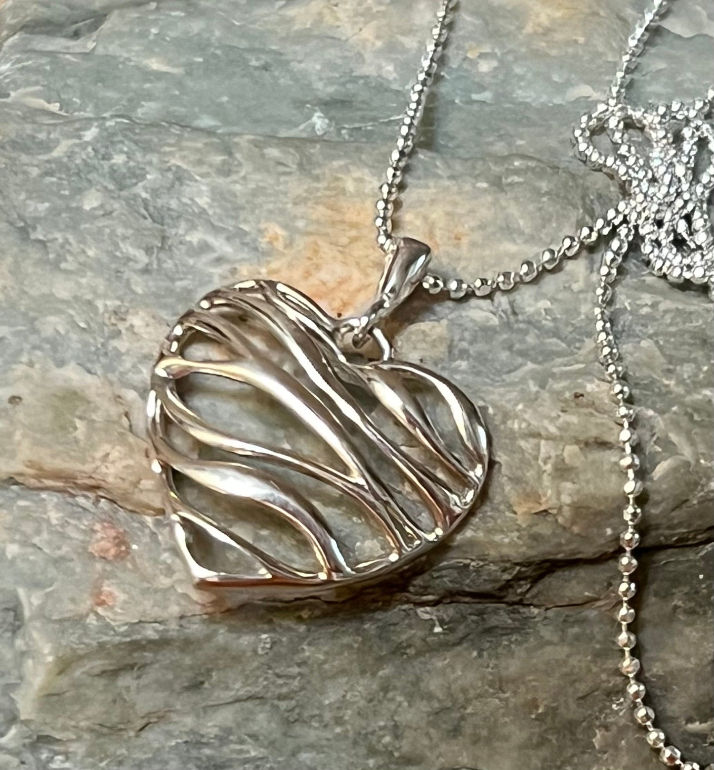 Ribbon Heart Sterling Silver Pendant Necklace