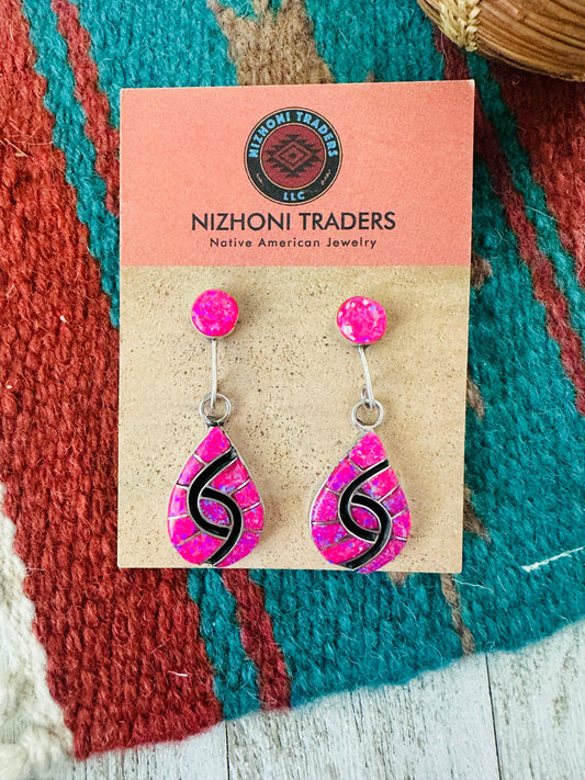Handcrafted Pink Opal, Onyx & Sterling Silver Inlay Dangle Earrings