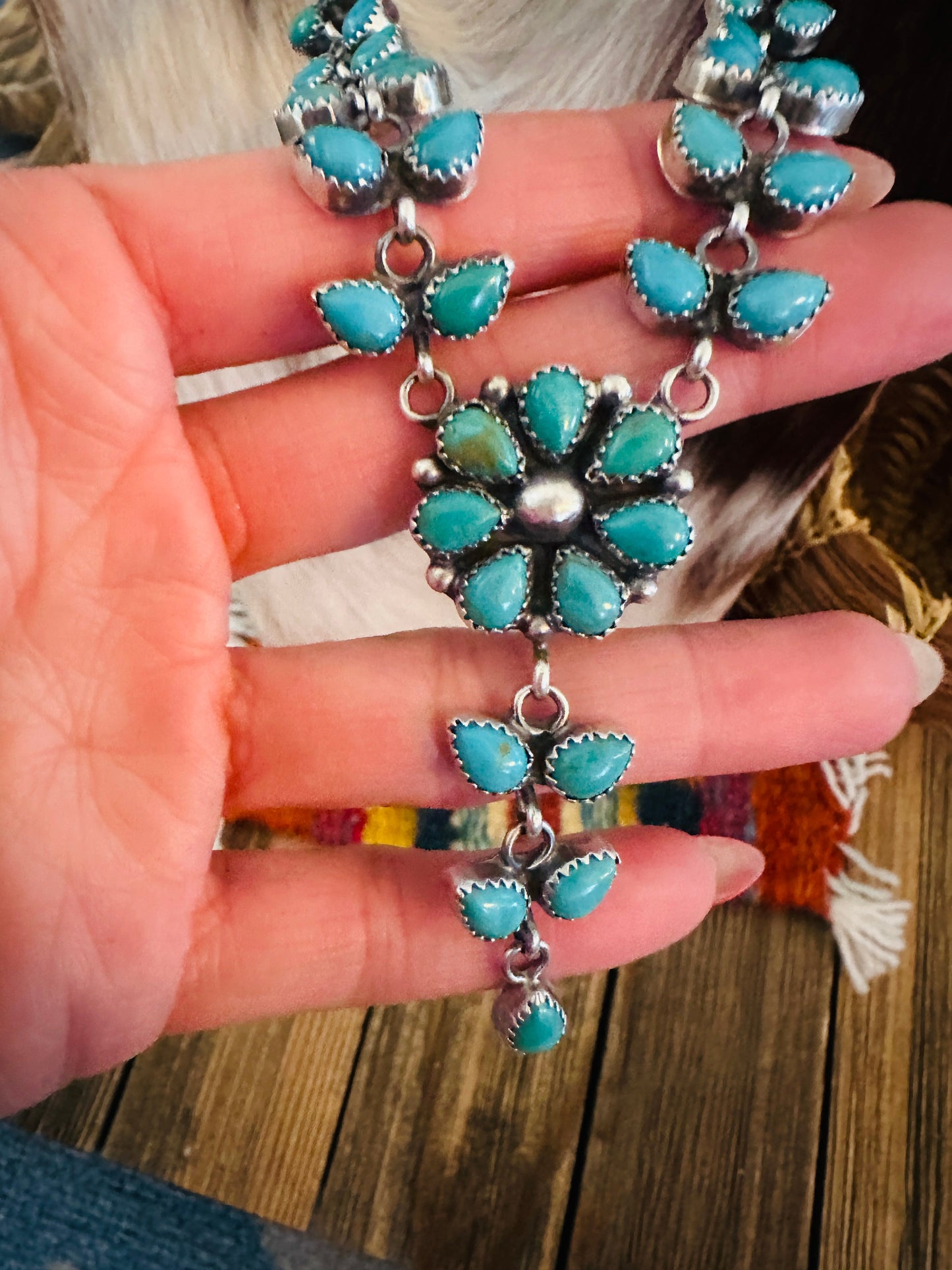 Handcrafted Turquoise & Sterling Silver Flower Cluster Necklace by Pearlene Spencer