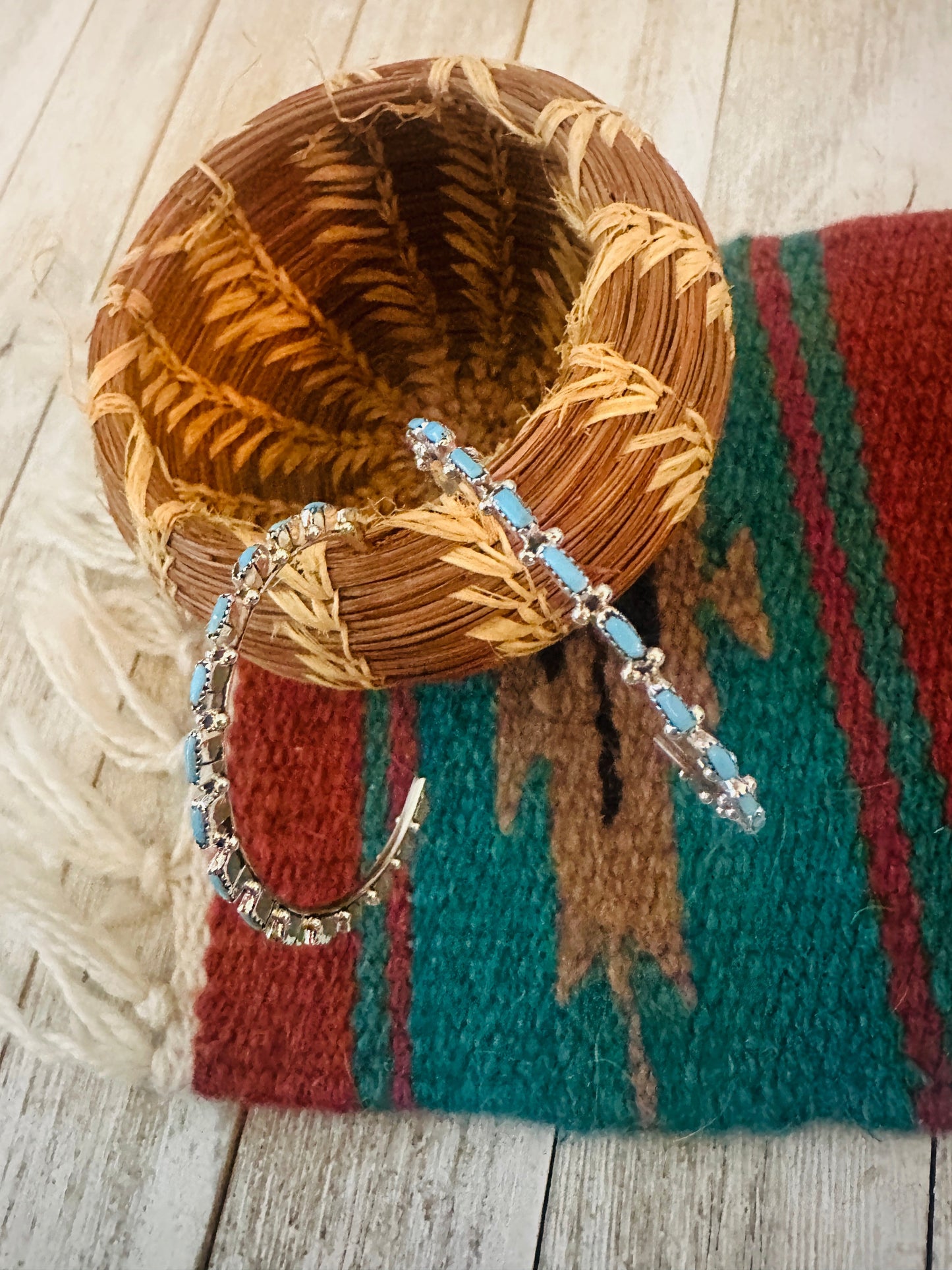 Handcrafted Turquoise & Sterling Silver Needlepoint Hoop Earrings Leslies fav