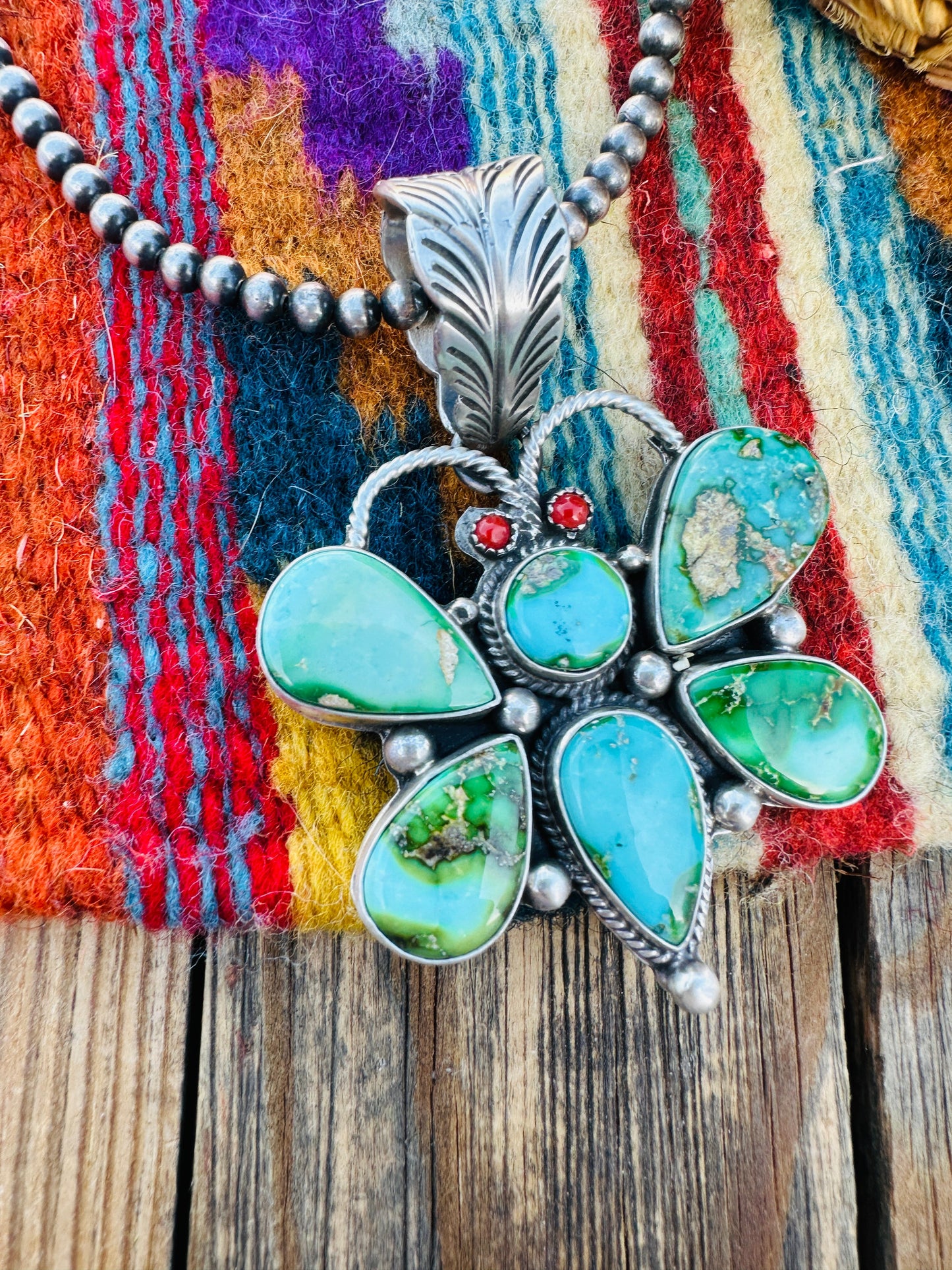 Handcrafted Sterling Silver, Turquoise & Coral Dragonfly Pendant by Emer Thompson