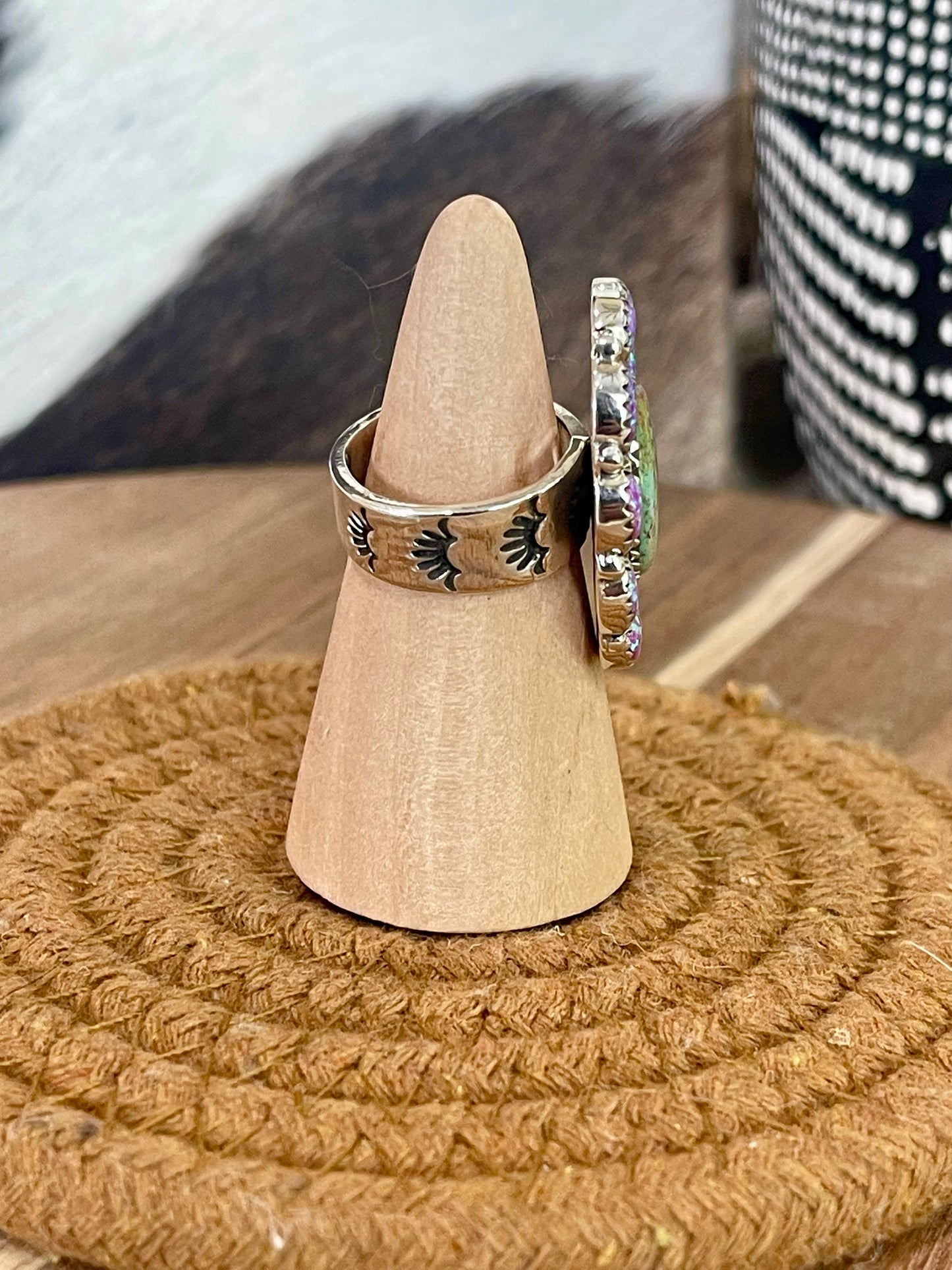 Handmade Sterling Silver, Royston & Purple Fire Opal Adjustable Ring