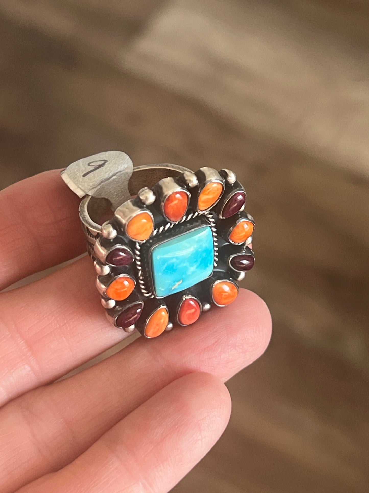 Handcrafted Electric Rainbow Turquoise and Spiny Oyster Ring by Angela Martin and Bernyse Chavez, Size 9