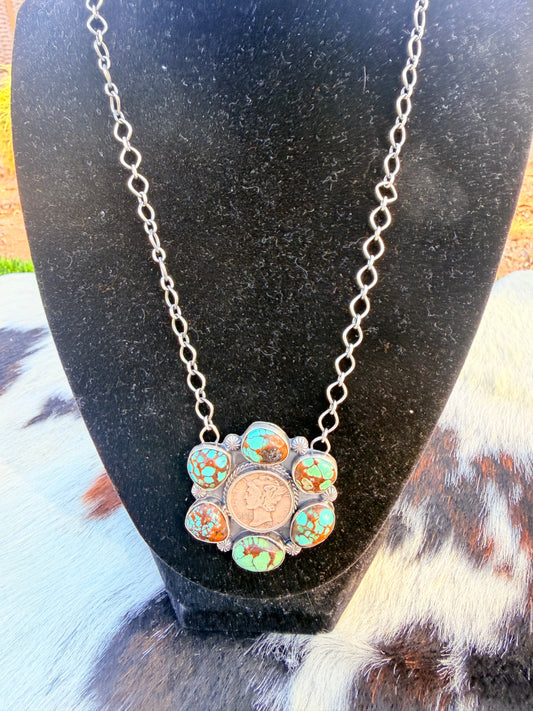 Handcrafted Number 8 Turquoise & Sterling Silver Liberty Dime Necklace by Sheila Tso