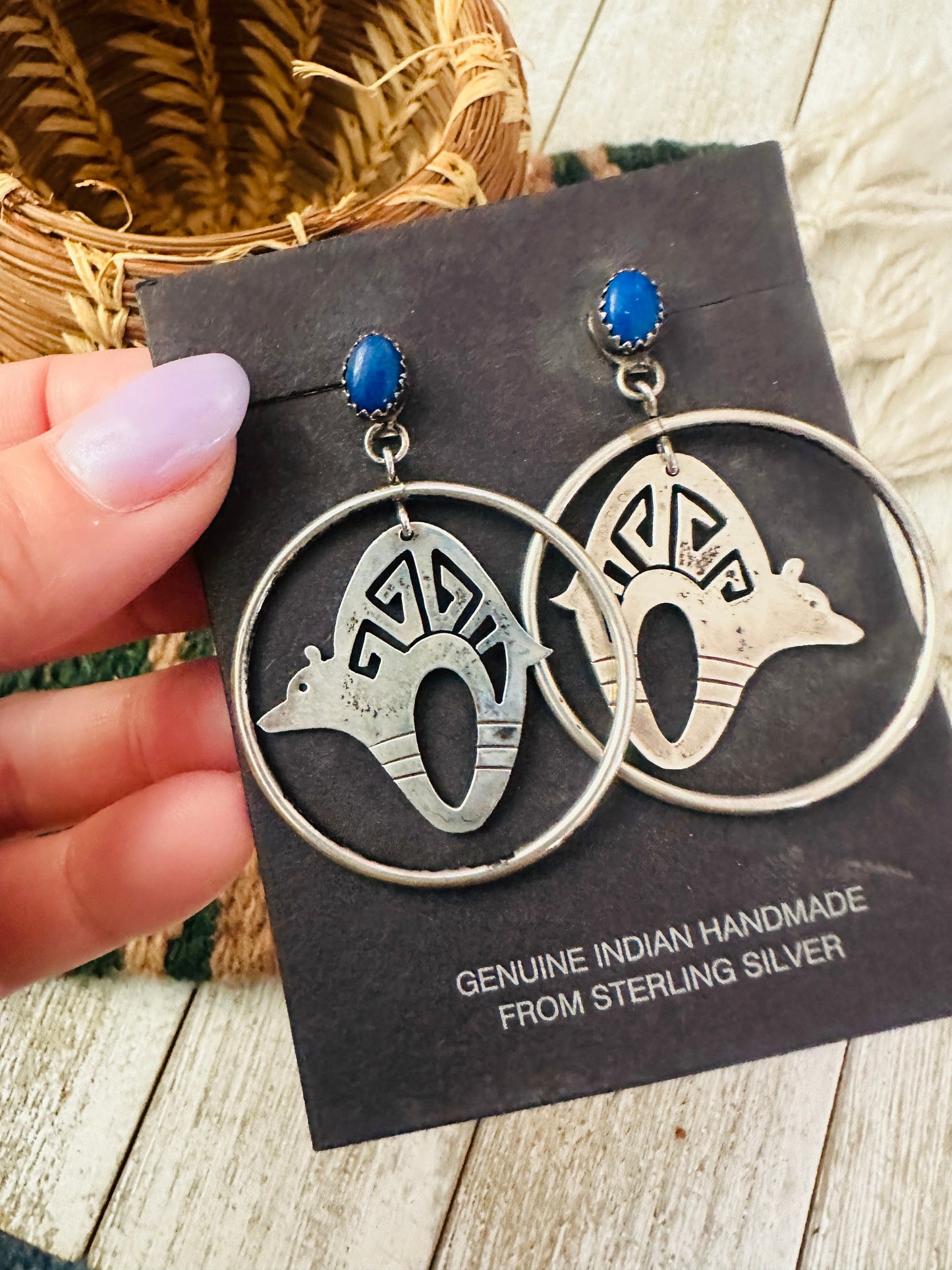 Handcrafted Old Pawn Sterling Silver & Lapis Fetish Bear Dangle Earrings