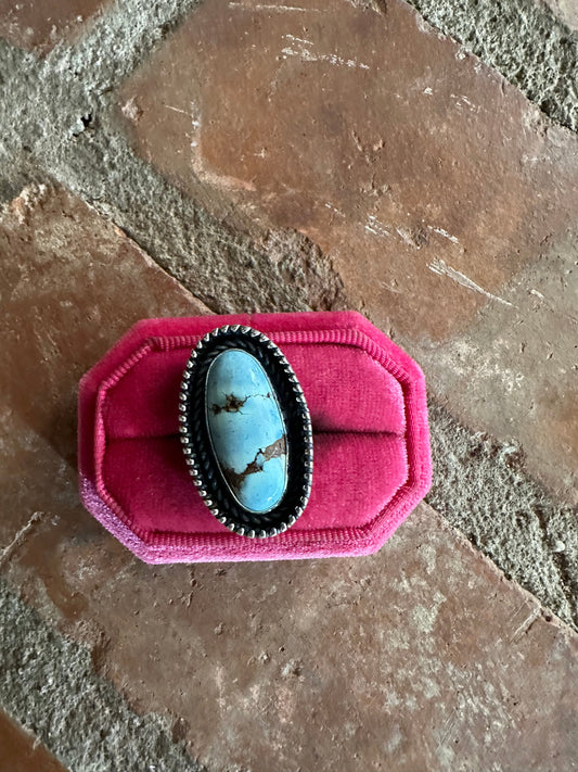 Beautiful Handcrafted Sterling Silver & Single Stone Golden Hills Turquoise Adjustable Ring Signed