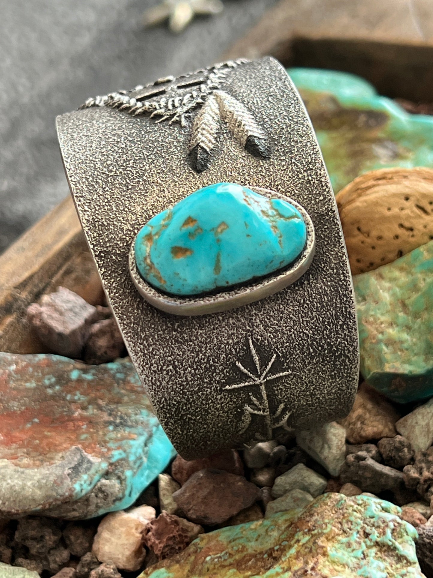 Handcrafted Tufa Cast Sterling Mudhead Cuff Bracelet with Kingman Turquoise by Lee Begay