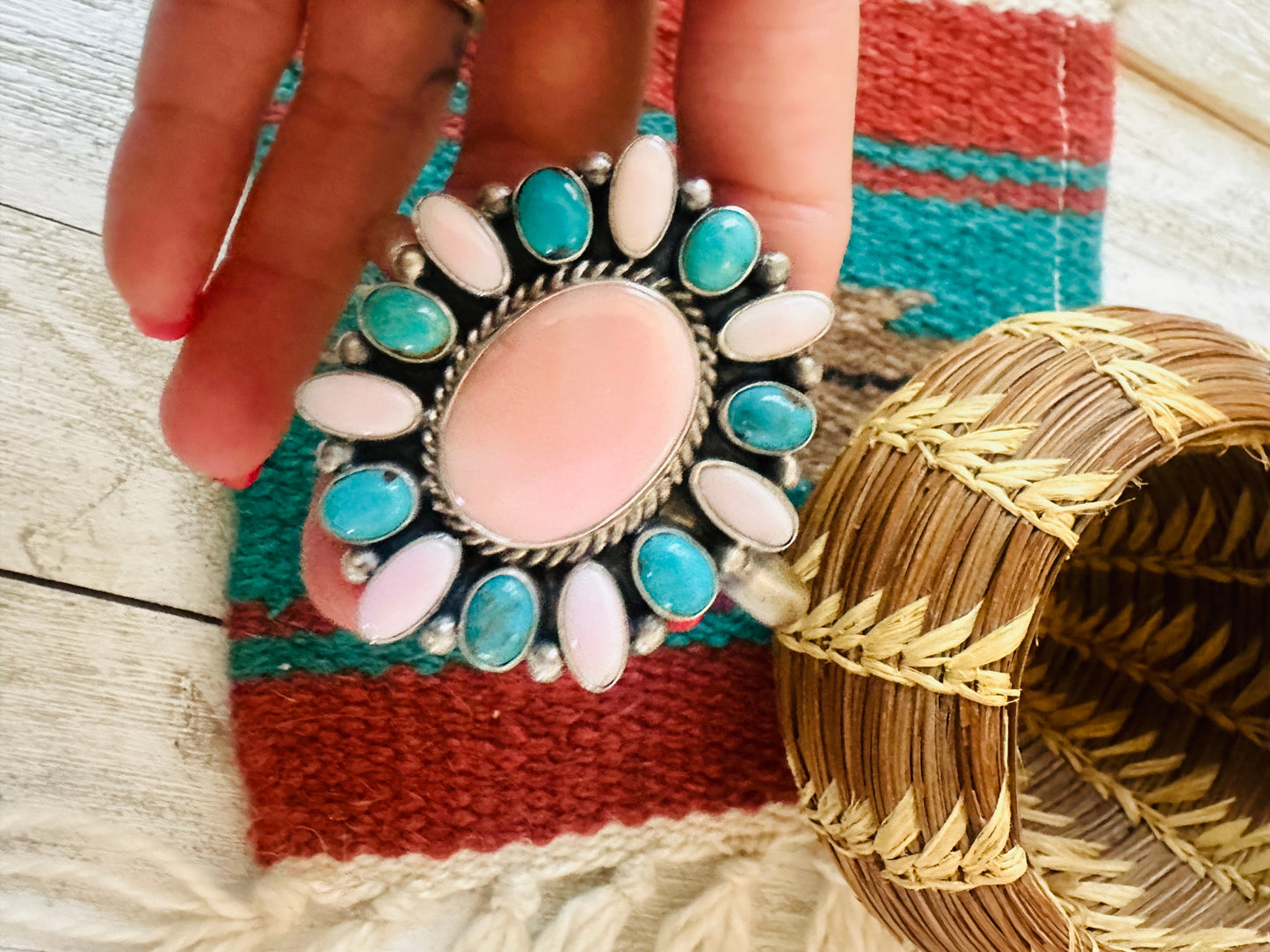 Navajo Queen Pink Conch, Turquoise & Sterling Silver Cluster Cuff Bracelet