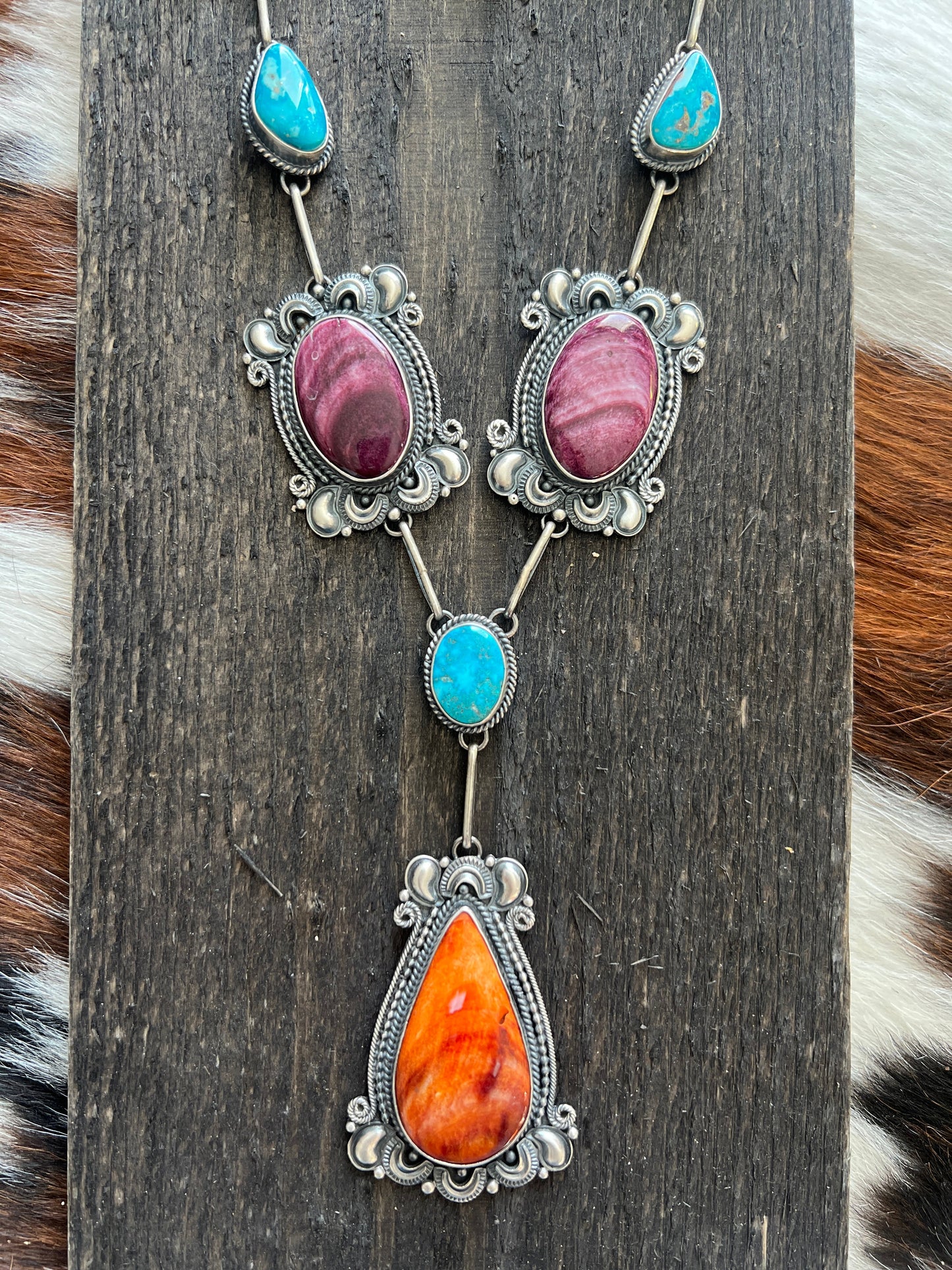 Handcrafted Sterling Silver, Spiny Oyster and Turquoise Link and Bead Electric Rainbow Necklace and Earrings Set by Derrick Gordon