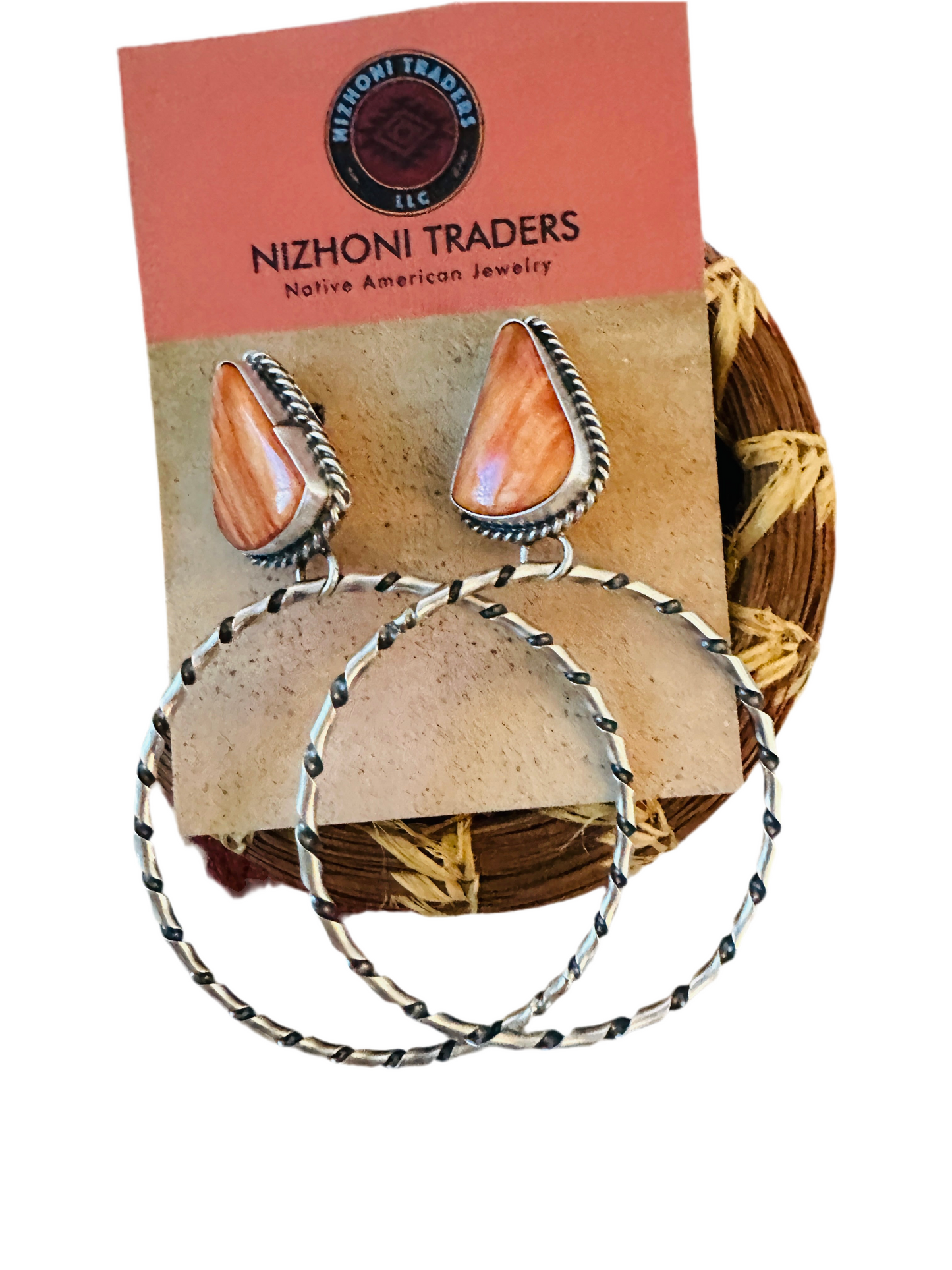 Handcrafted Orange Spiny and Sterling Silver Dangle Hoop Earrings