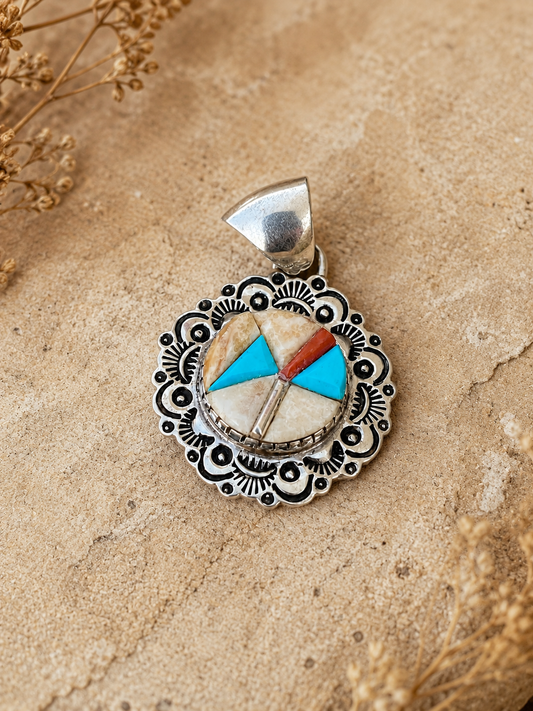 Handcrafted Turquoise, Coral & Mother of Pearl Pendant Necklace