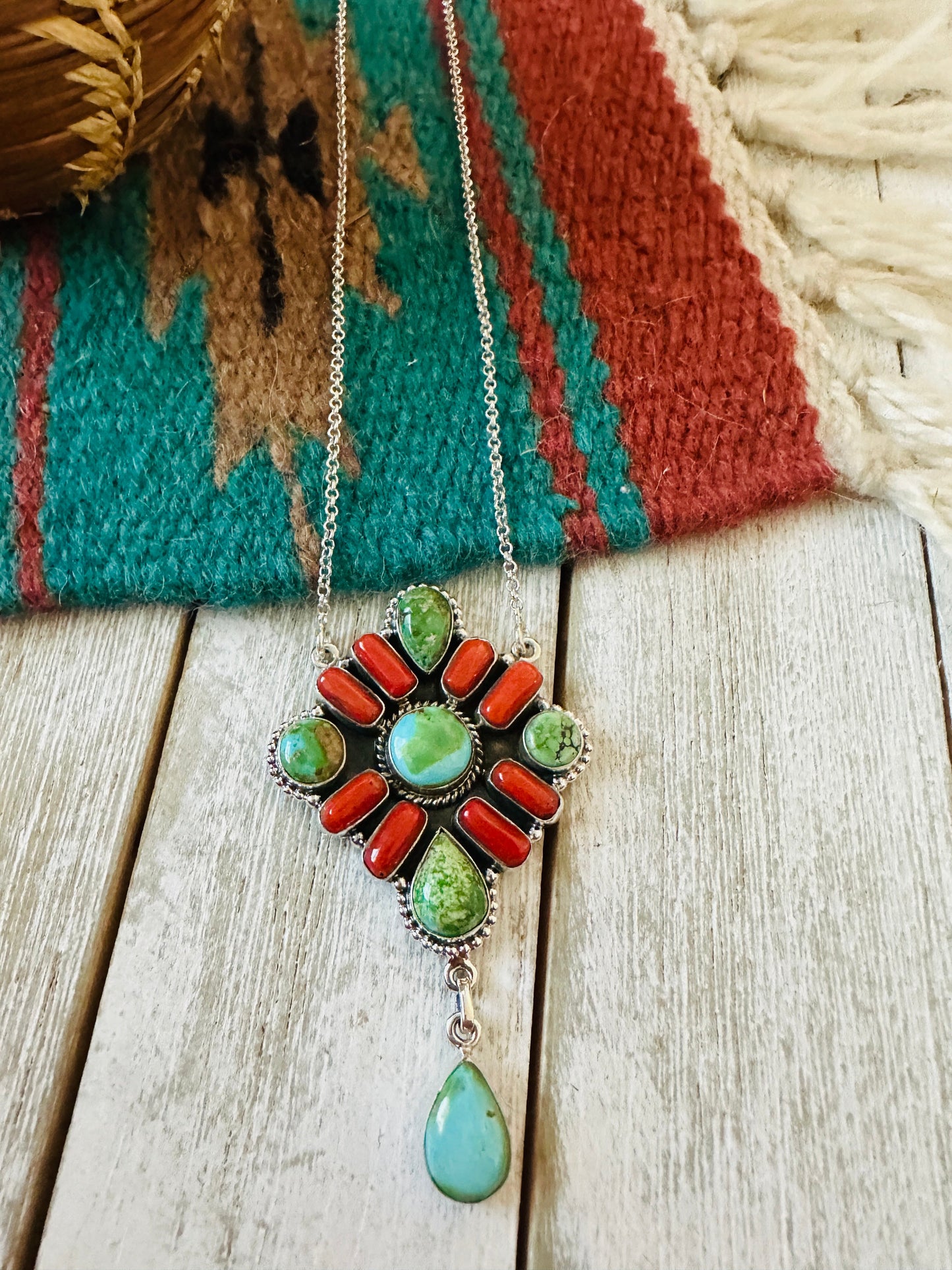 ** Christmas Collection ** Handmade Sterling Silver, Turquoise & Coral Necklace Signed Nizhoni