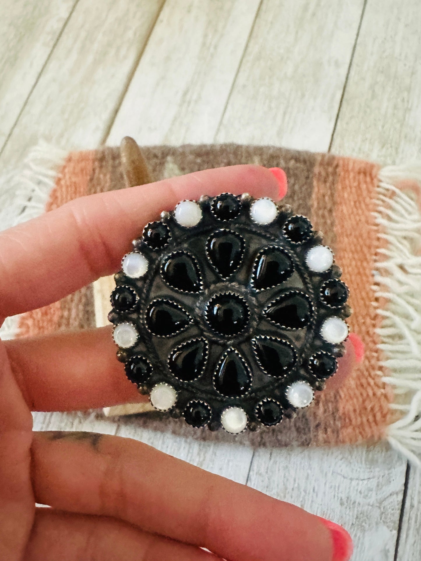 Handcrafted Sterling Silver, Onyx & Mother of Pearl Cluster Adjustable Ring