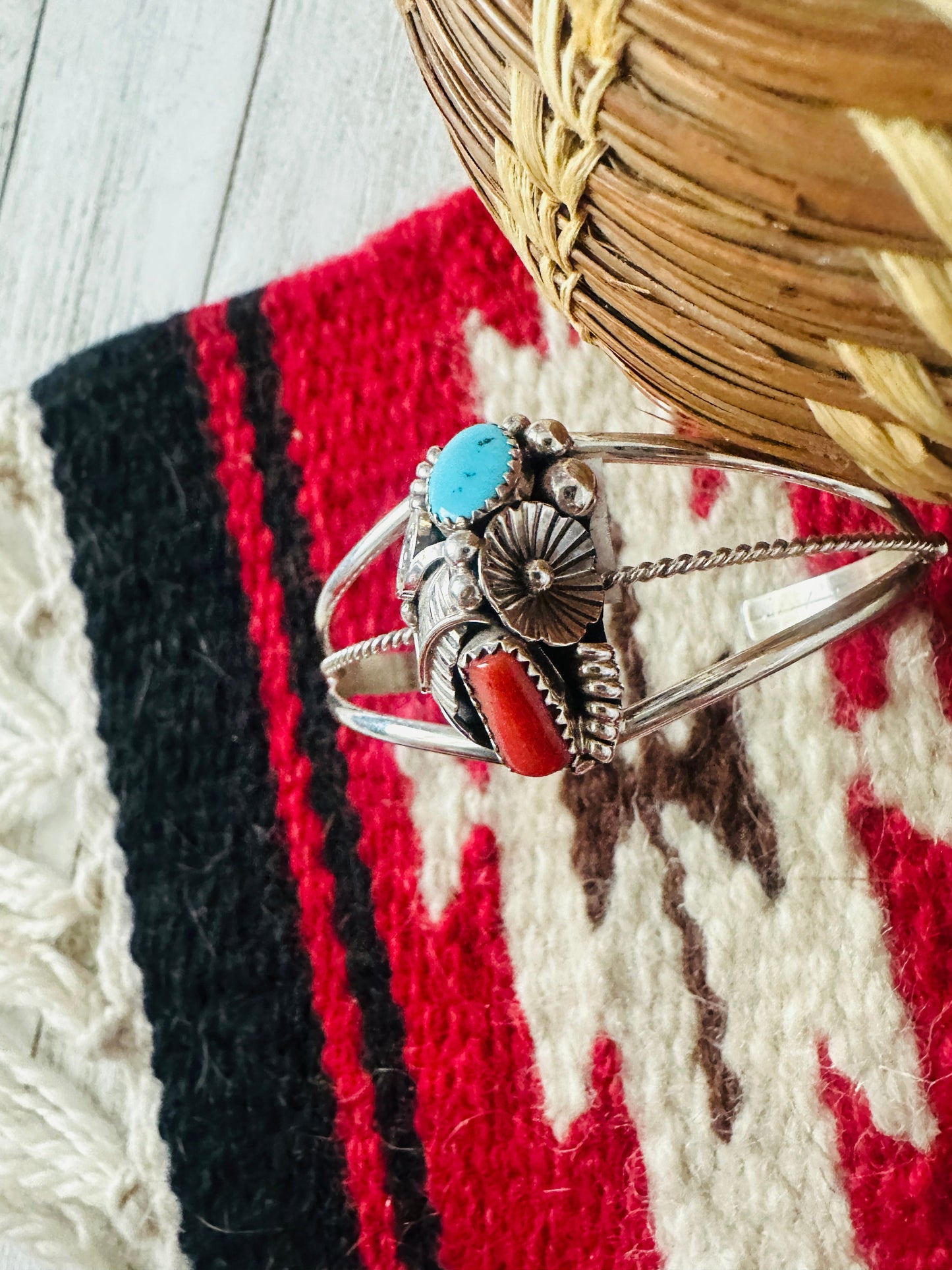 Handcrafted Turquoise, Coral & Sterling Silver Cuff Bracelet