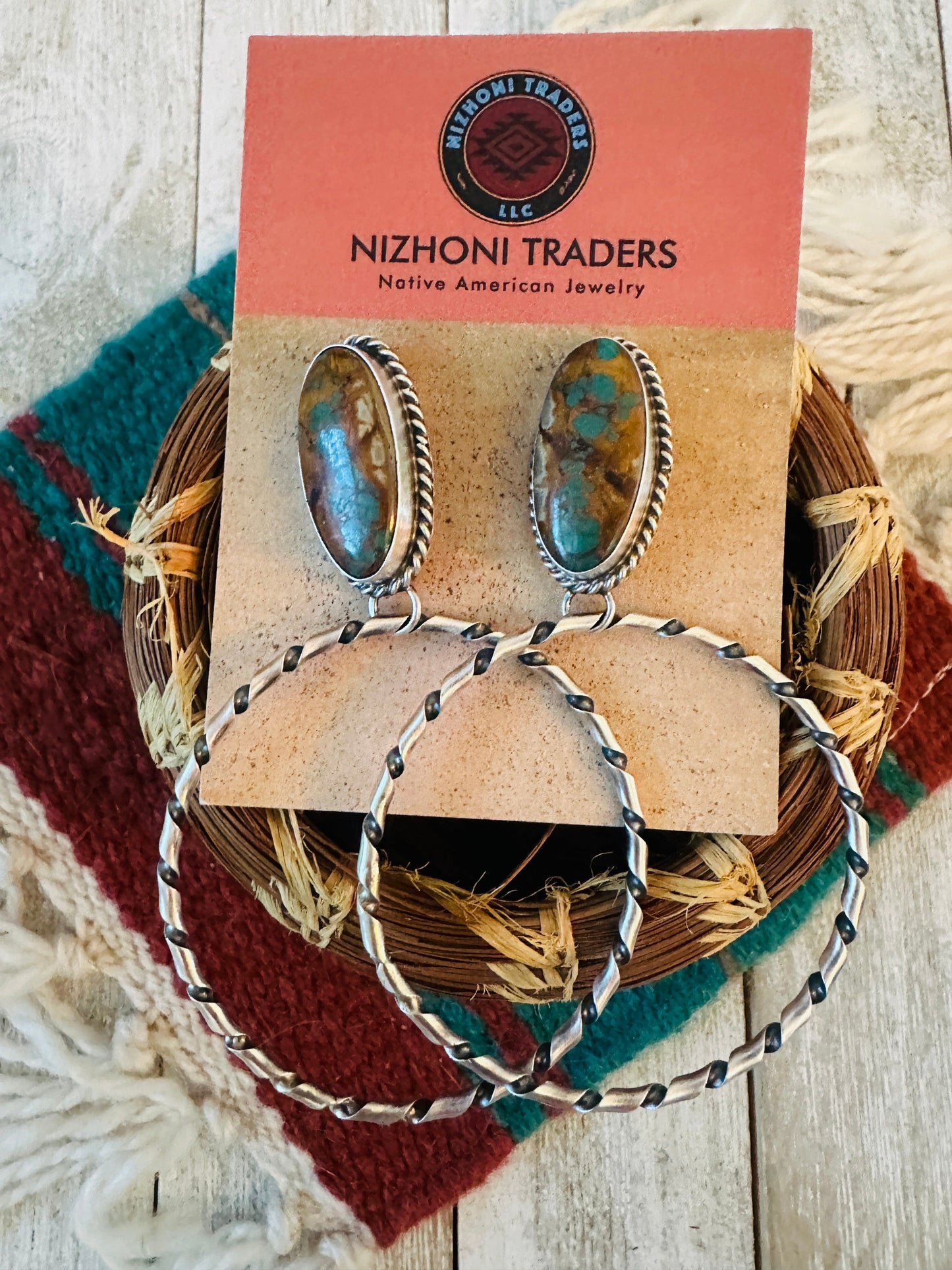 Handcrafted Ribbon Turquoise and Sterling Silver Dangle Hoop Earrings