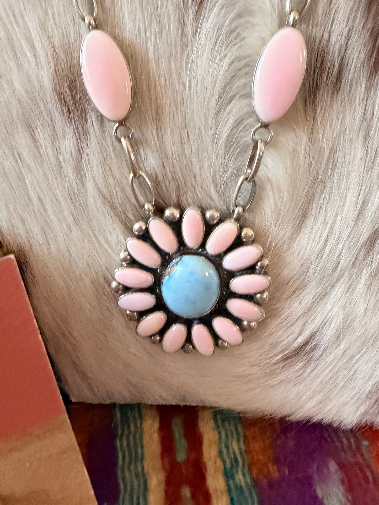 Handcrafted Queen Pink Conch, Turquoise & Sterling Silver Cluster Necklace Set