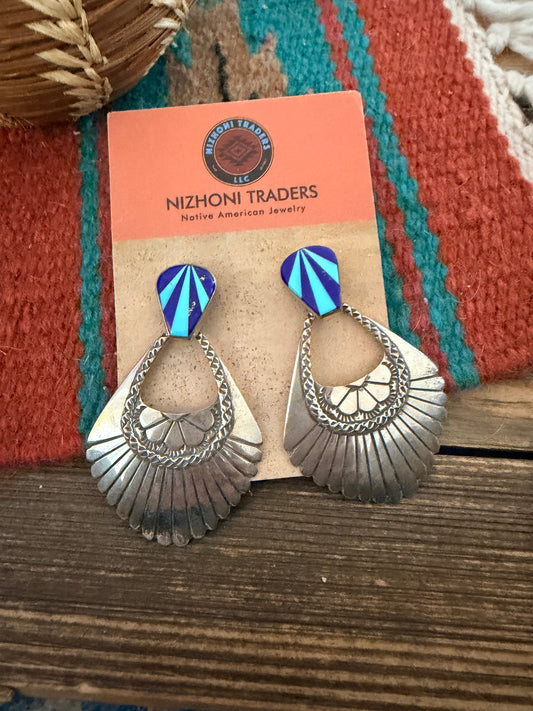 Handcrafted Old Pawn Turquoise, Lapis & Sterling Silver Inlay Concho Dangle Earrings