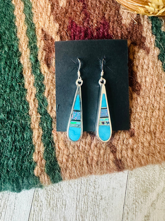 Handcrafted Sterling Silver & Multi Stone Inlay Dangle Earrings