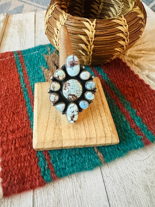Handcrafted Golden Hills Turquoise & Sterling Silver Cluster Ring Size 7