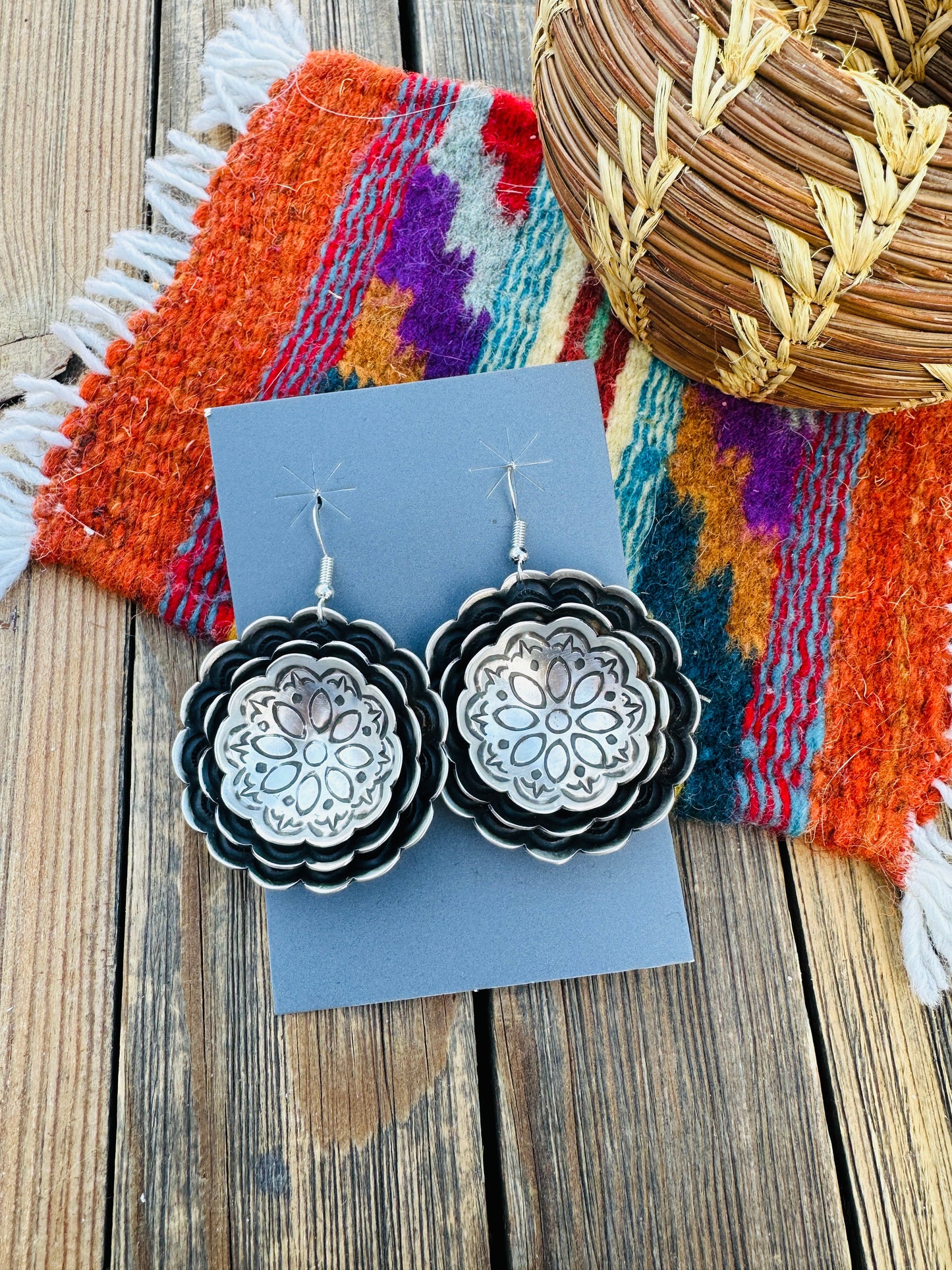 Handcrafted Sterling Silver Concho Dangle Earrings by Leander Tahe
