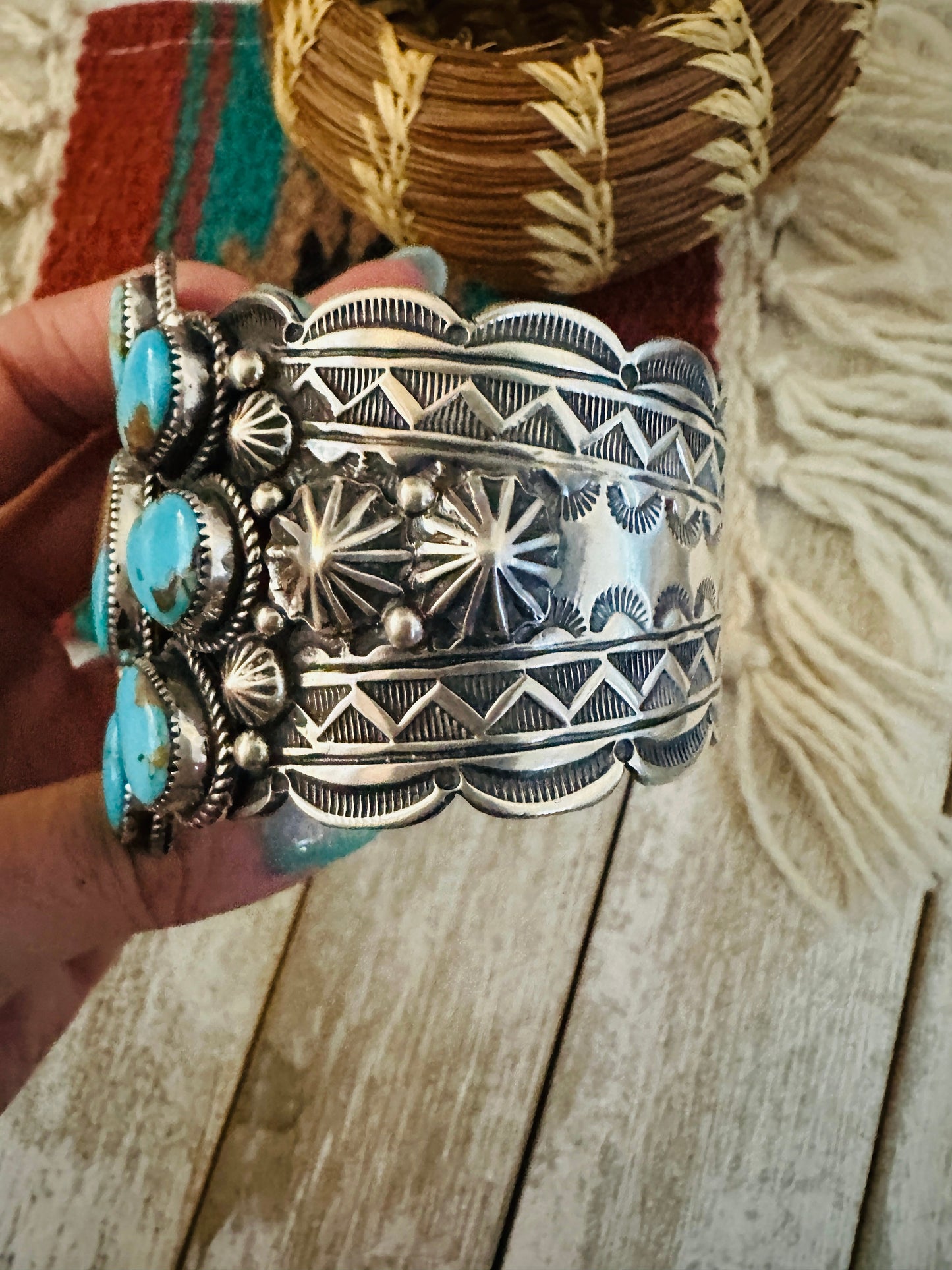 Kingman Turquoise & Sterling Silver Cluster Cuff Bracelet /