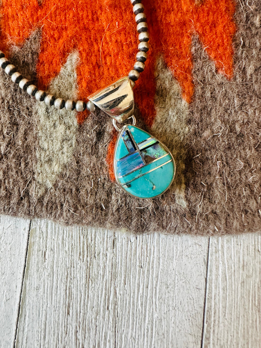 Handcrafted Multi Stone & Sterling Silver Inlay Teardrop Pendant