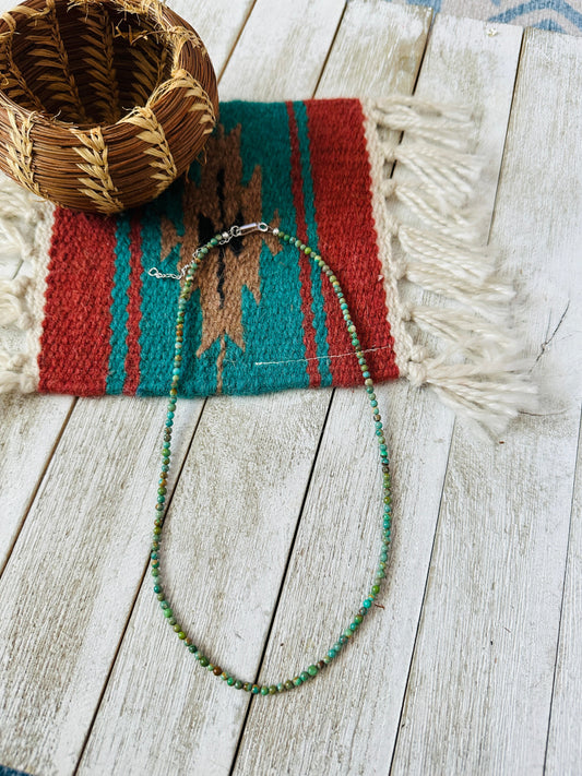 Handcrafted 3mm Turquoise & Sterling Silver Beaded Necklace W/ Extender- Green