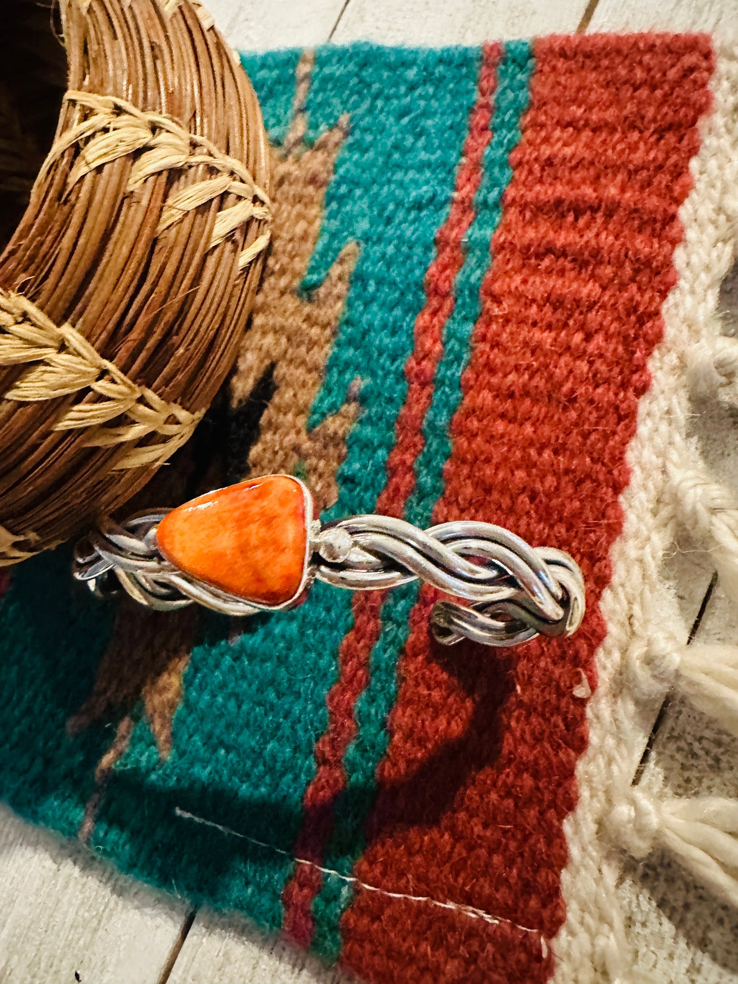 Navajo Orange Spiny & Sterling Silver Twisted Cuff Bracelet