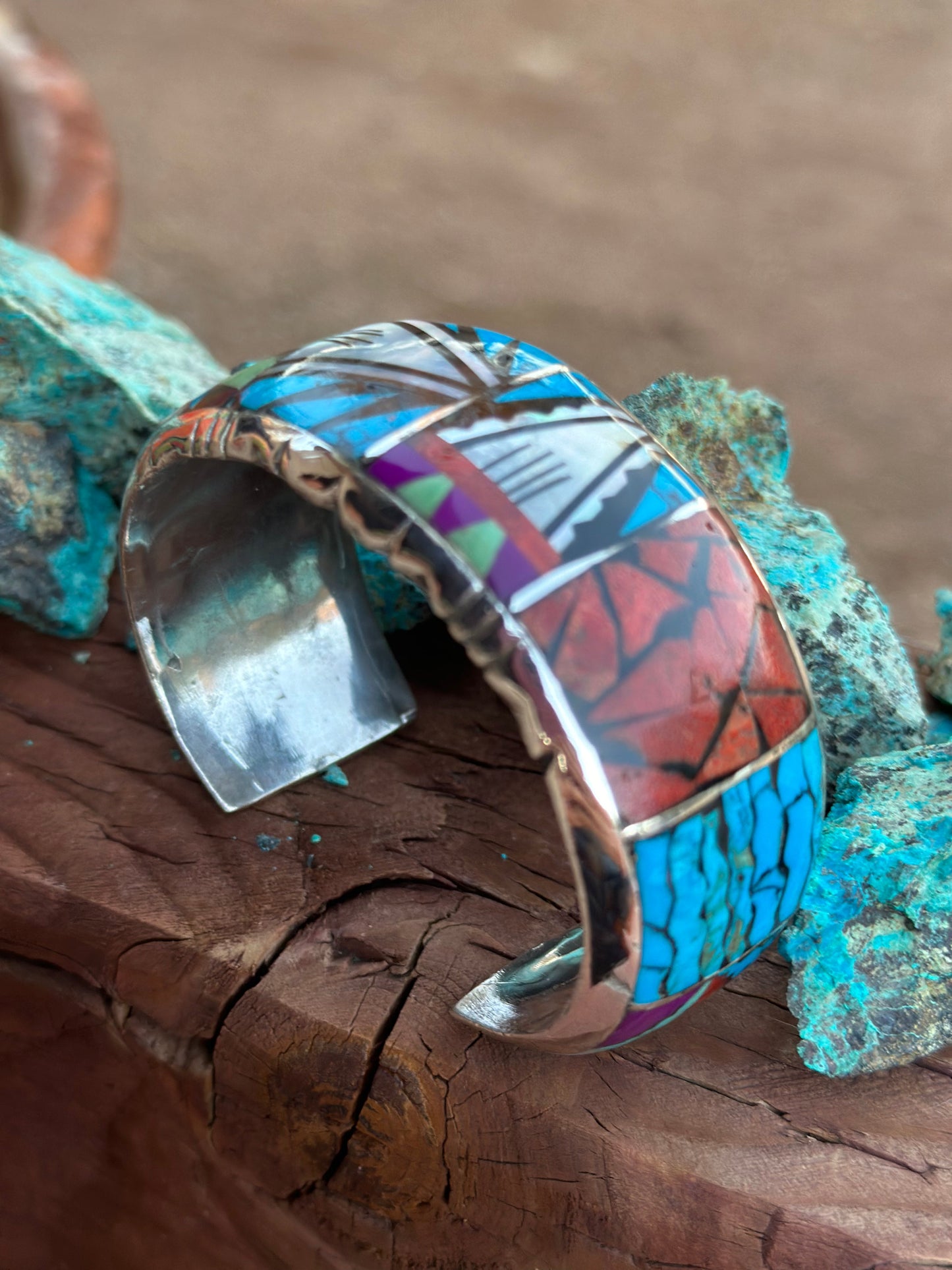 Handmade Sterling Silver Multi Stone Mosaic  Inlay Cuff