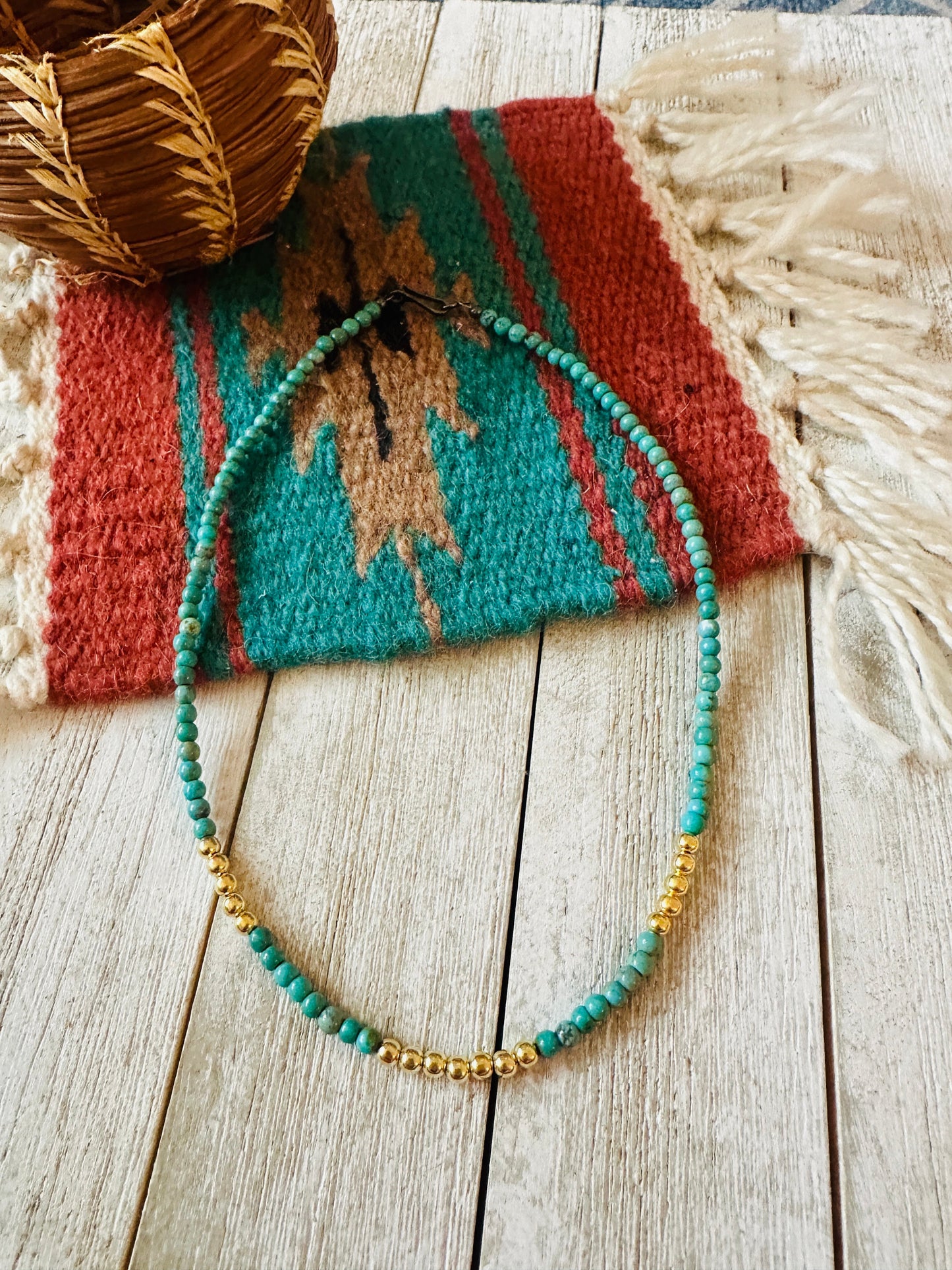 Handcrafted Turquoise & Gold Beaded 16” Necklace