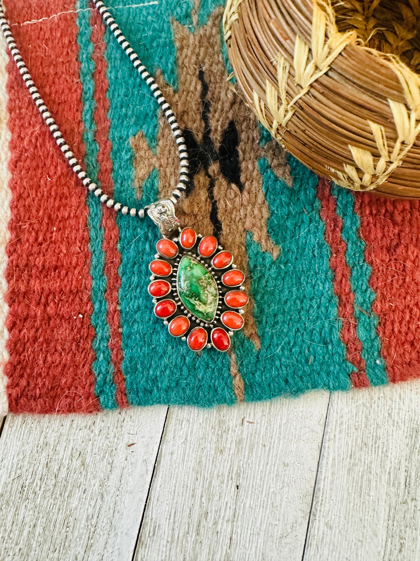 ** Christmas Collection ** Handmade Sterling Silver, Coral & Turquoise Cluster Pendant Signed Nizhoni