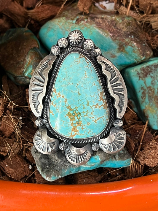 Handcrafted Sterling Silver and Number 8 Turquoise Ring by Gilbert Tom, Size 6.5
