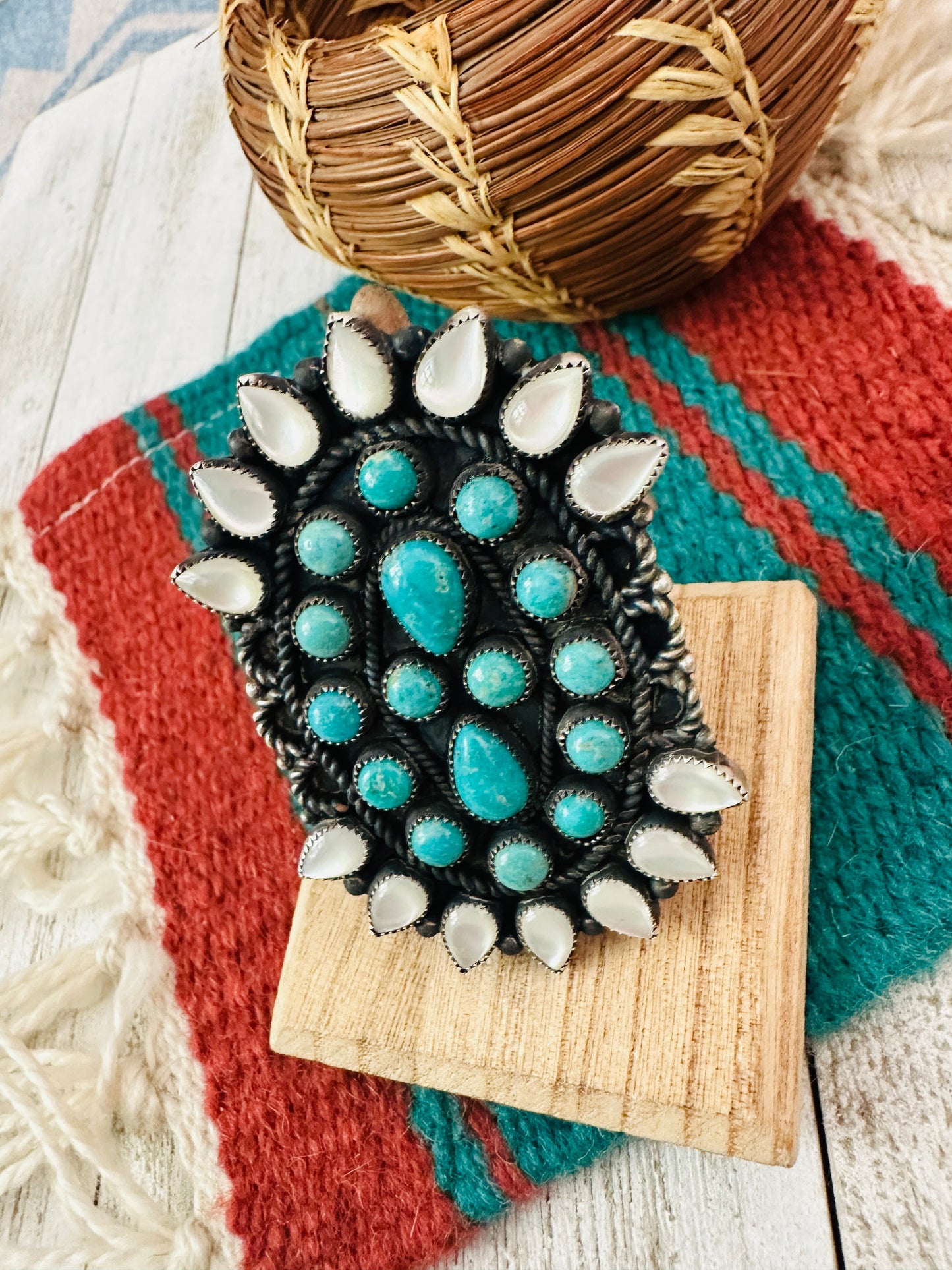 Handcrafted Sterling Silver, Turquoise & Mother of Pearl Cluster Ring Size 8.5