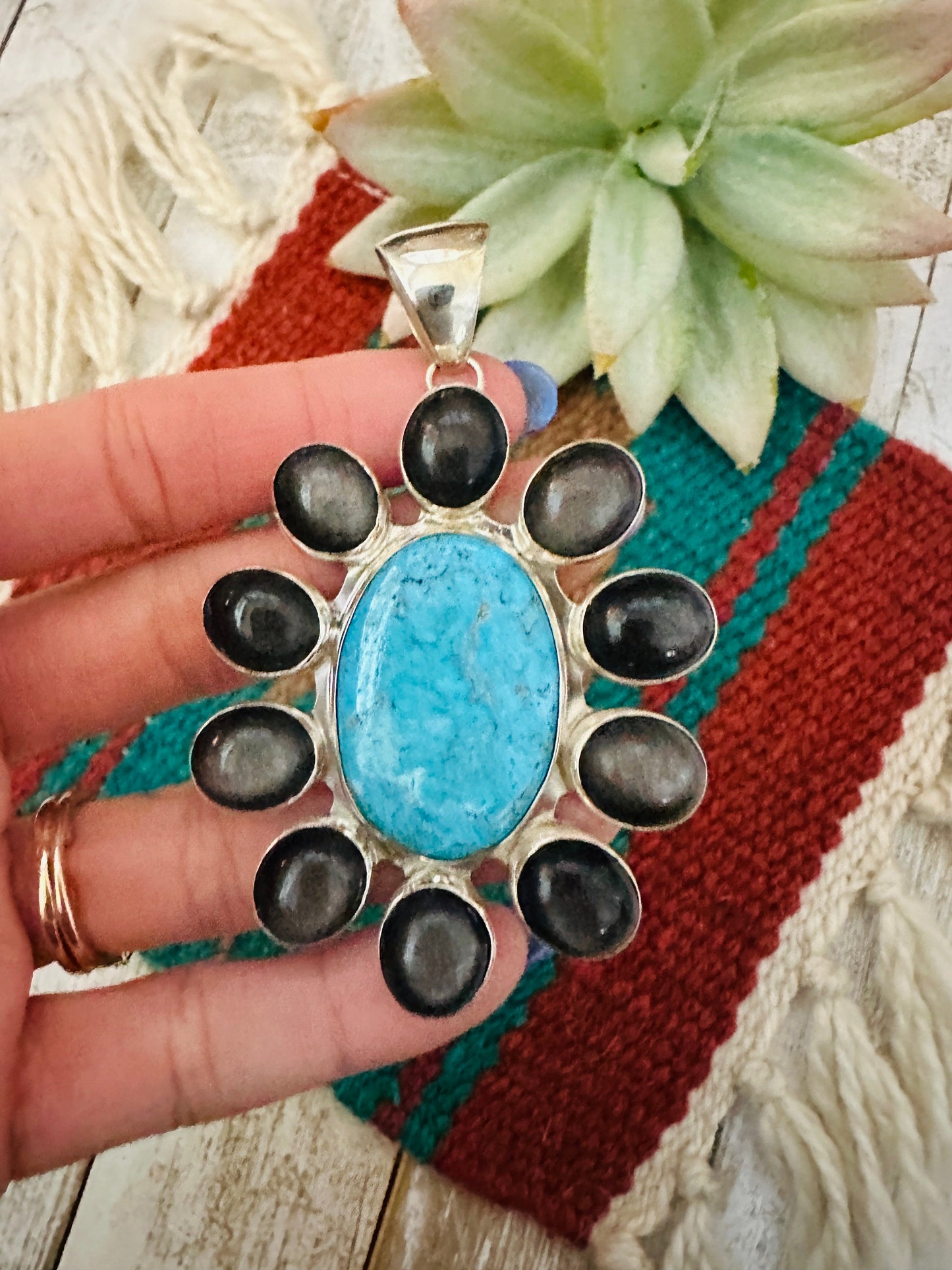 Handcrafted Black Abalone, Turquoise & Sterling Silver Cluster Pendant