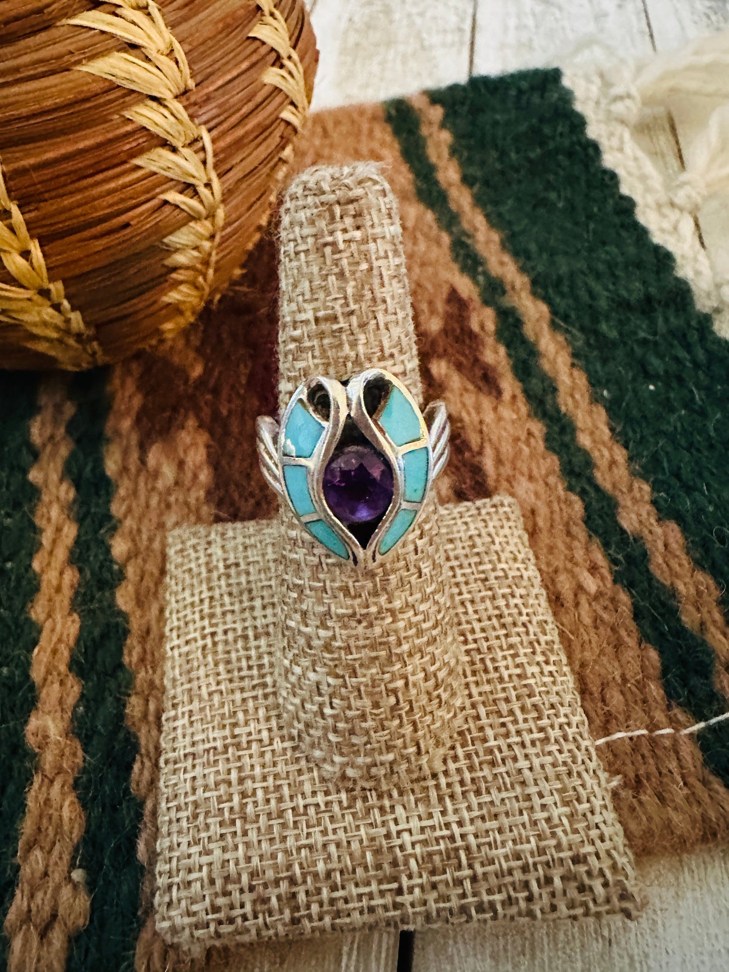 Old Pawn Handcrafted Turquoise, Amethyst & Sterling Silver Ring Size 7
