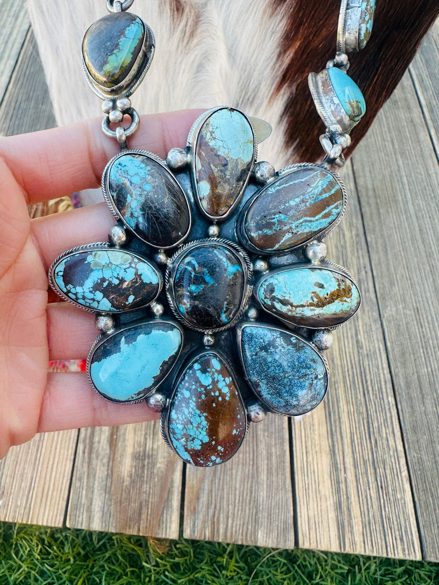 Handcrafted Royston Turquoise & Sterling Silver Cluster Necklace by Travis Jim