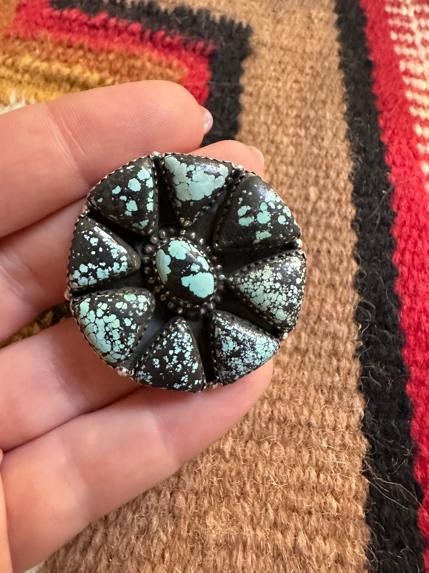 Beautiful Handmade New Lander Turquoise And Sterling Silver Triangle Adjustable Statement Round Ring