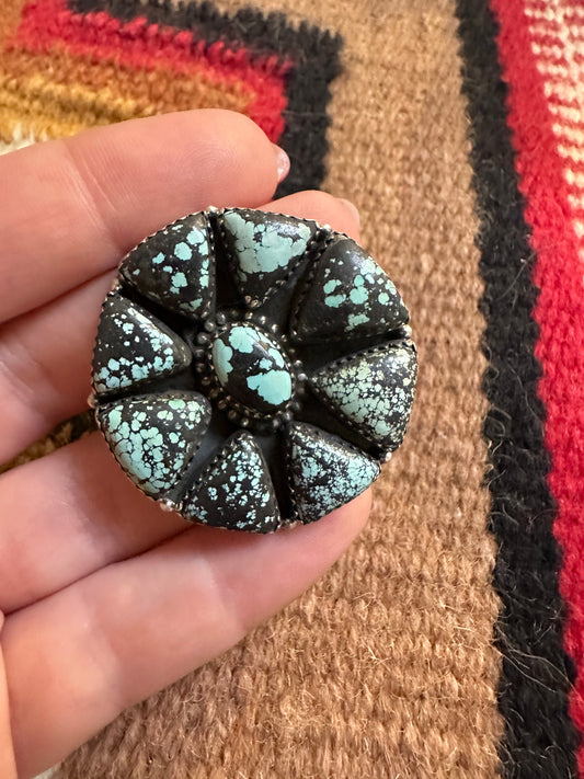 Beautiful Handmade New Lander Turquoise And Sterling Silver Triangle Adjustable Statement Round Ring