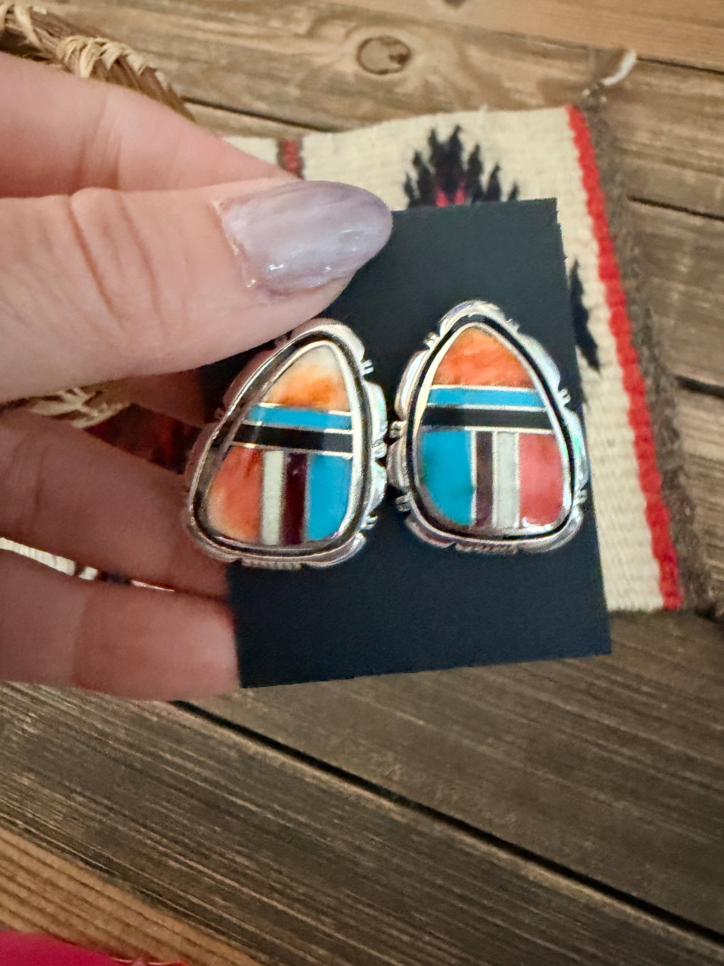 Handcrafted Multi Stone & Sterling Silver Inlay Post Earrings