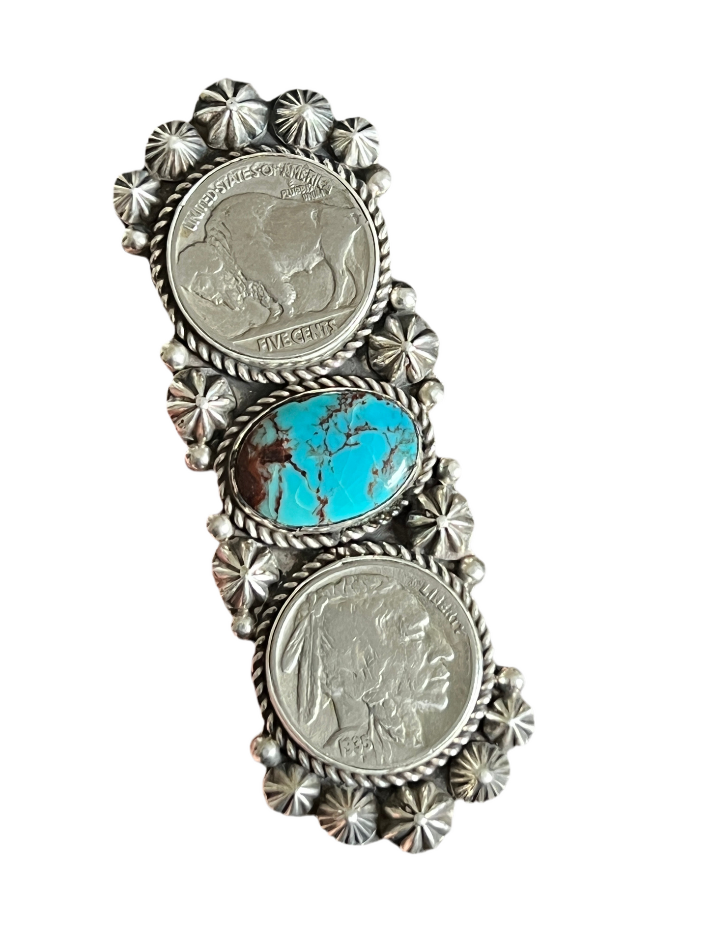 Apache Sterling Silver, Egyptian Turquoise and Indian Head Nickel Ring by Rosella Paxson: Size 8