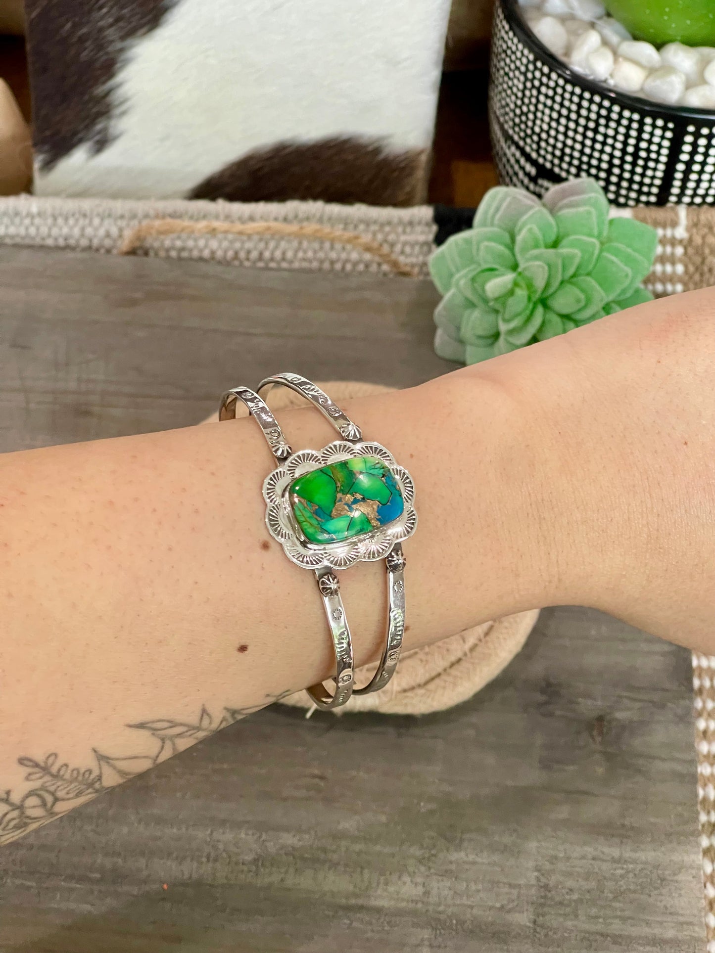 Handmade Sterling Silver & Peacock Dahlia Cuff Bracelet