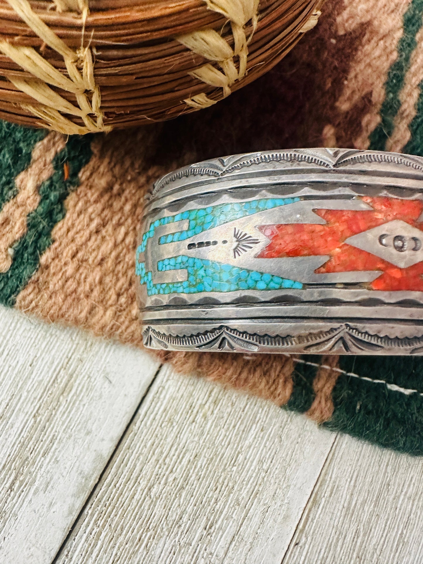 Handcrafted Old Pawn Coral, Turquoise & Sterling Silver Chip Inlay Cuff Bracelet