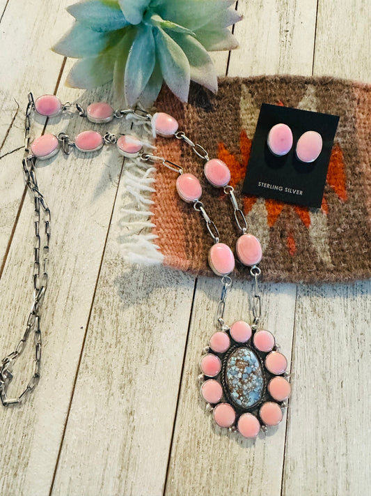 Handcrafted Turquoise, Queen Pink Conch & Sterling Silver Necklace Earrings Set